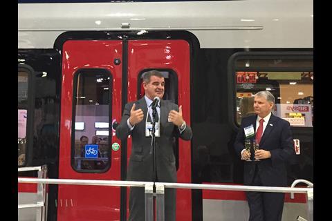 The Flirt DMU is the first of eight which Stadler is to supply to Fort Worth Transportation Authority.